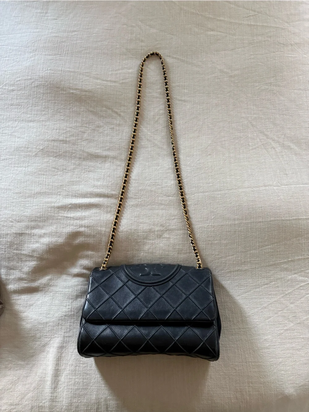 Tory Burch Black Quilted Shoulder Bag with Gold Chain Strap